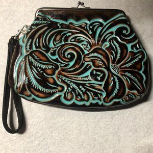 Patricia Nash Brown and Turquoise Wristlet